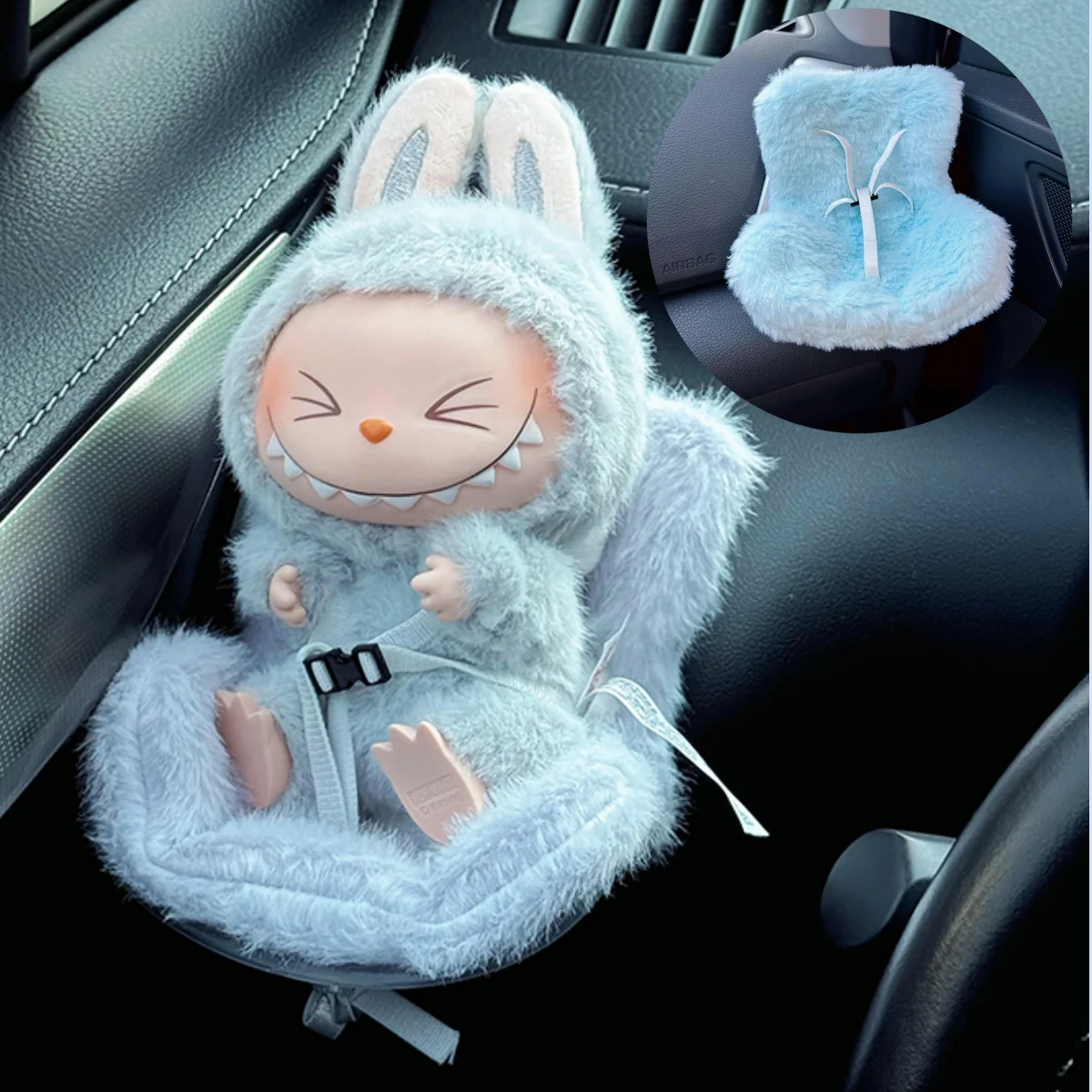 Labubu-asiento de seguridad para coche, Mini muñeco ídolo de peluche de 15-17cm, salida de aire, aromaterapia, adornos para coche, regalos, decoración Interior de coche