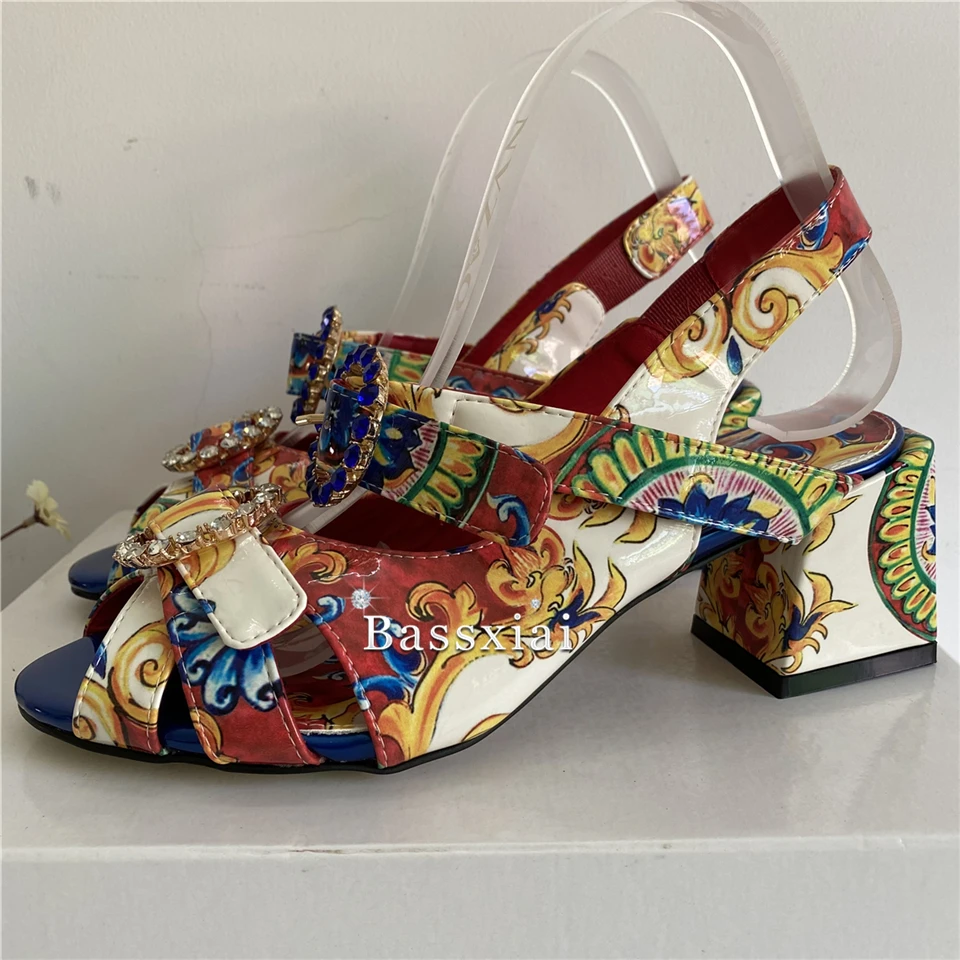 Exotic Style Print Flower Patent Leather Sandals Women Chunky Heel Open Toe Crystal Rhinestone Buckle Strappy Summer Shoes