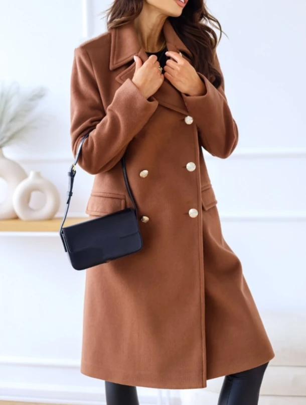 

Women's Trench Coat Fashion Commuting Simple Long Sleeved Lapel Double Breasted Pocket Loose Fit Solid Color Woolen Coat