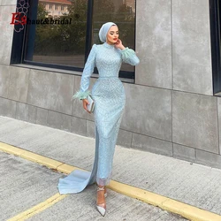 Elegant Pearls Mermaid Evening Dress for Women 2024 Feather High Neck Long Sleeves Formal Prom Wedding Party Gowns Customized