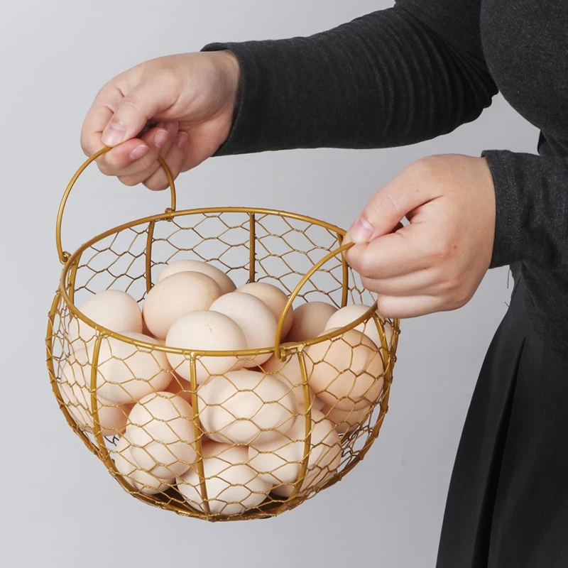 Wire Egg Basket for Gathering Fresh Eggs, Metal Chicken Egg Collecting Basket with Handle, Egg Holder for Countertop-ABHG