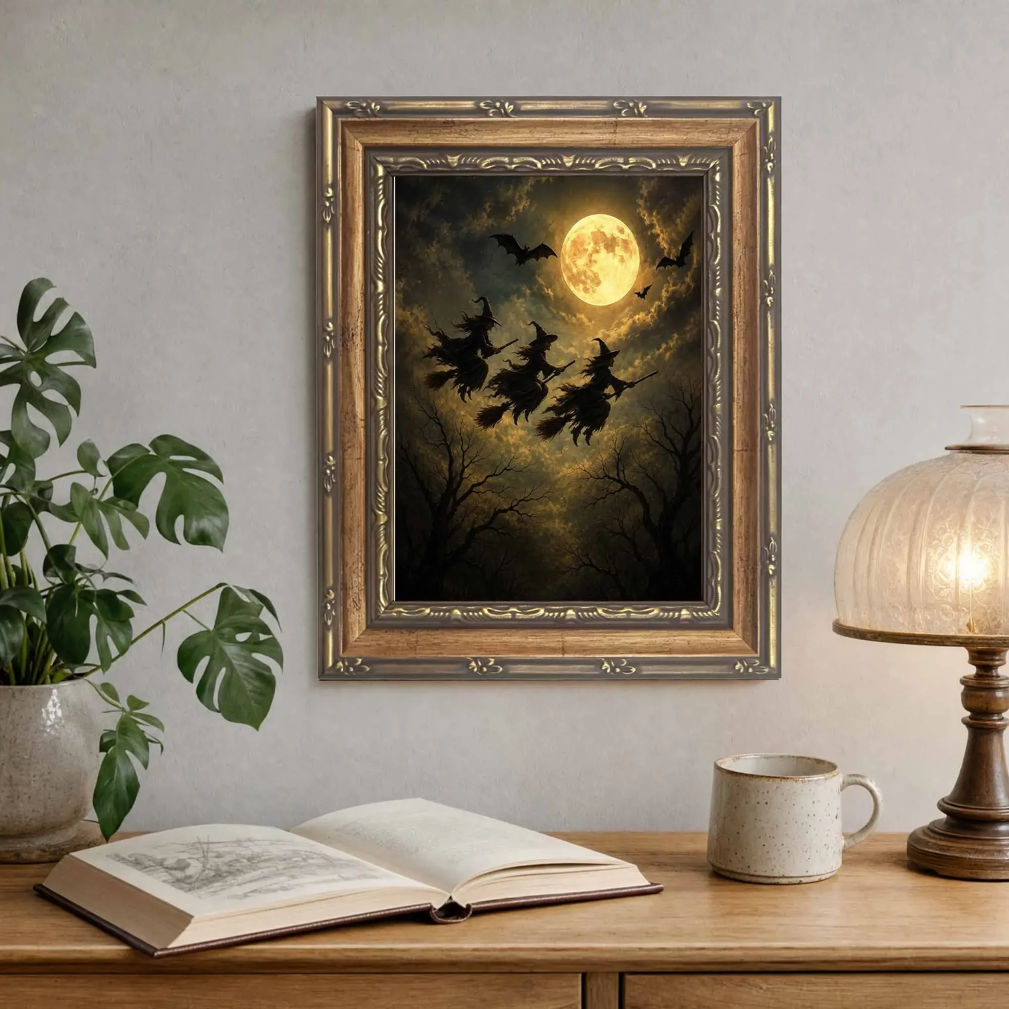 Large-sized Gold Framed Vintage Witch Wall Art, Gothic Halloween Canvas Print, Dark Academy Retro Home Decor for Bedroom Living