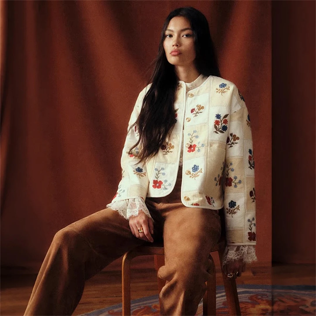Paris Seza Collaborative Floral Embroidery Retro Jacket Women's Cotton Blend Short Outerwear Spring 2025 Fashion French Style