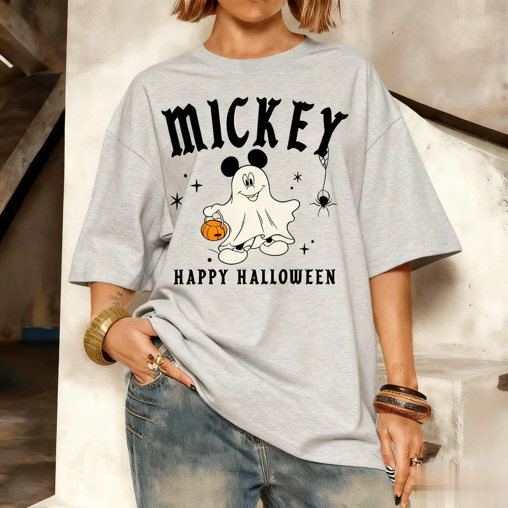 Mickey traje de halloween t camisa das mulheres dos homens 2025 outono solto streetwear oversized casual topo engraçado dos desenhos animados impressão disney presente ​ ​