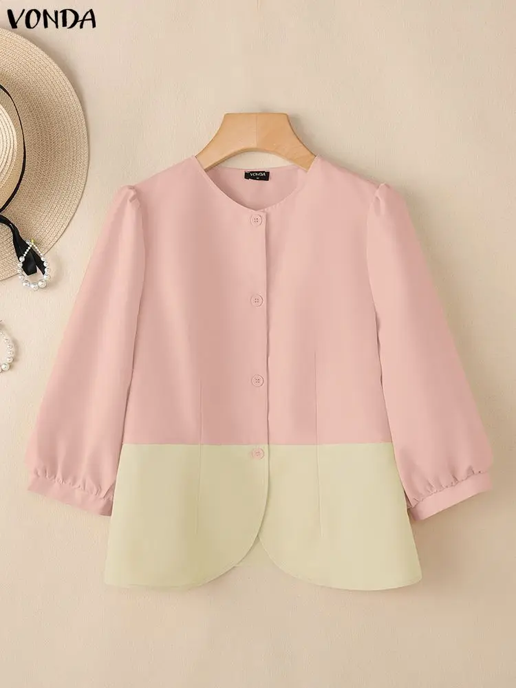 VONDA Camicie moda Donna Top Estate Manica 3/4 Patchwork di colore Camicetta casual 2025 Elegante streetwear Office Lady Blusas