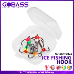 GOBASS 5pcs High Carbon Steel Three-jaw Hooks 8# 10# 12# 14#Balancers Fishing Hook With Plastic Case For Winter Ice Fishing Tool