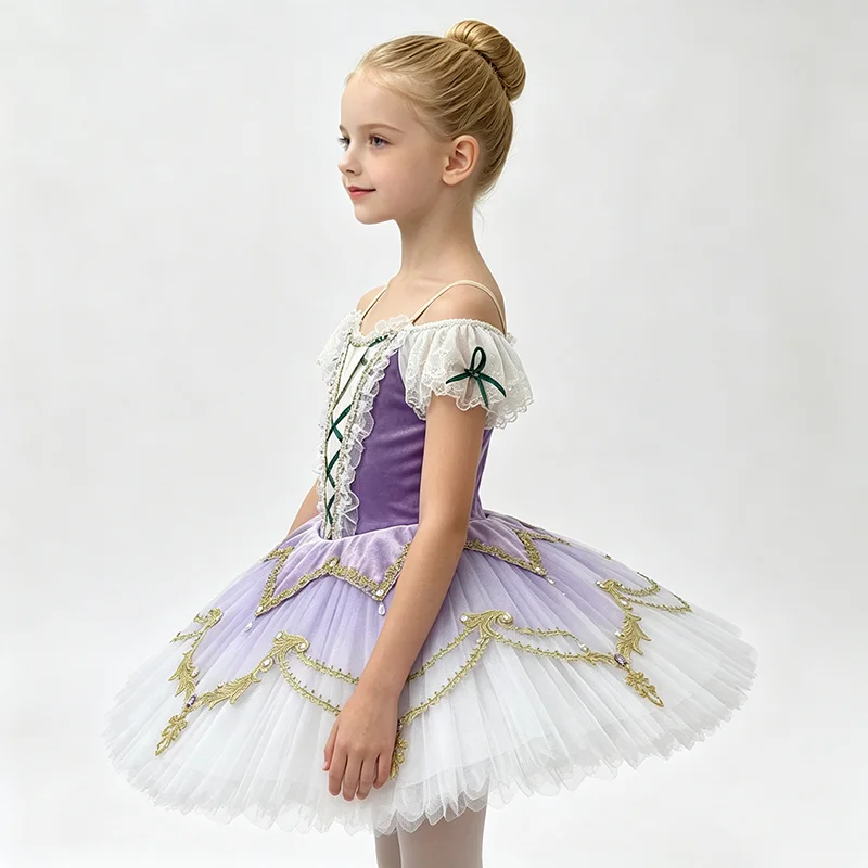Kids off shoulder lace gold embroidery purple white gradient tutu ballet dress for stage solo competition exam princess drama pe