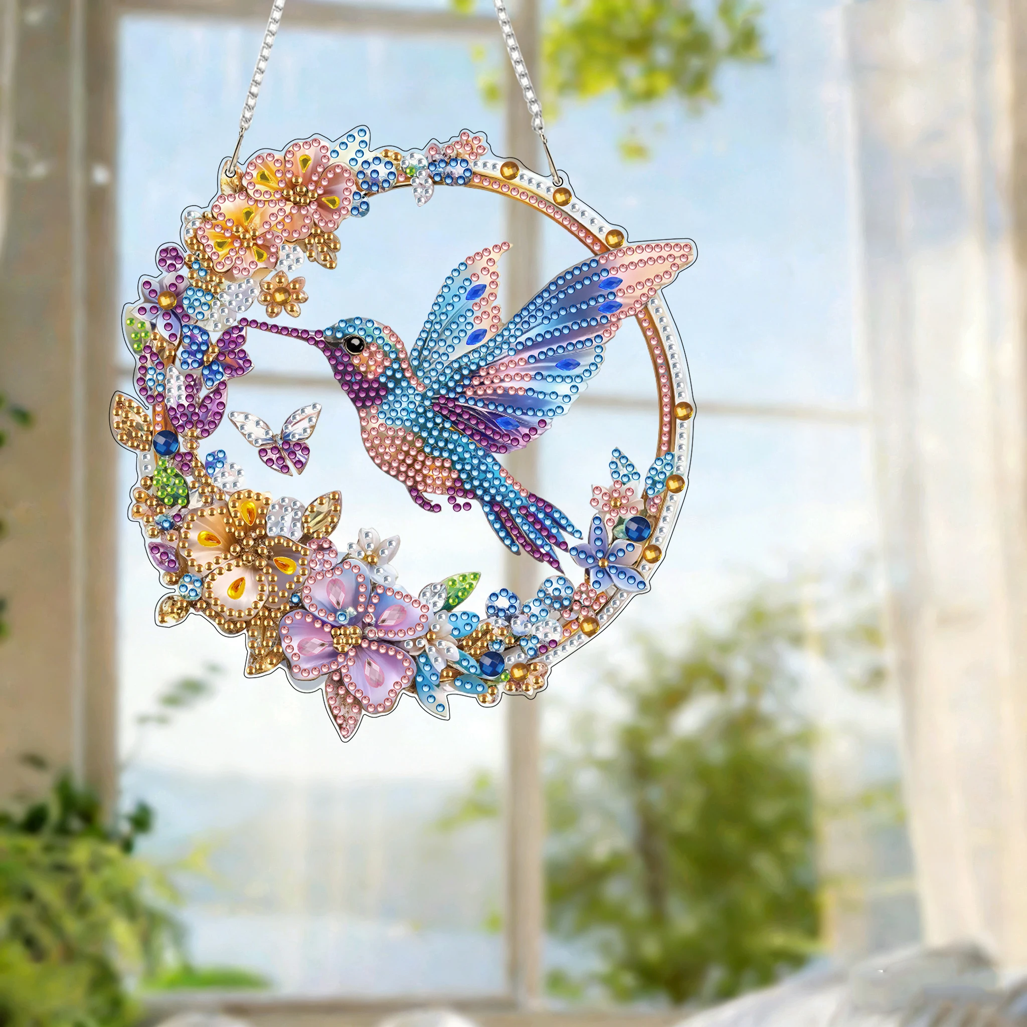 Flat acrylic DIY diamond painting kit, hummingbird pattern, sparkling crystal art home decoration, suitable for gardens