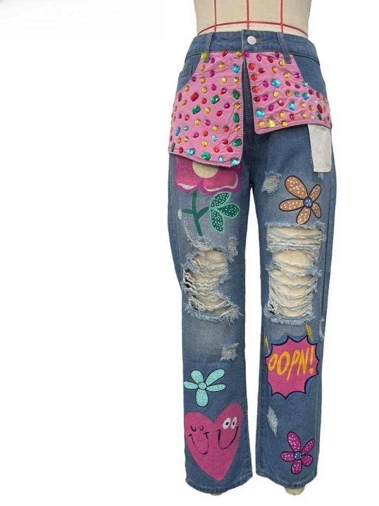 

Мужские джинсы с алмазным узором, прямые, со средней посадкой, для уличной моды, весенние, без бренда