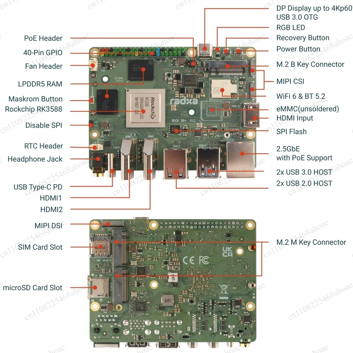 ROCK 5B+ RK3588 8-Core SBC Development Board LPDDR5 WiFi6 8K HDMI GPU NPU Supported Multiple RAM Options 4GB-32GB