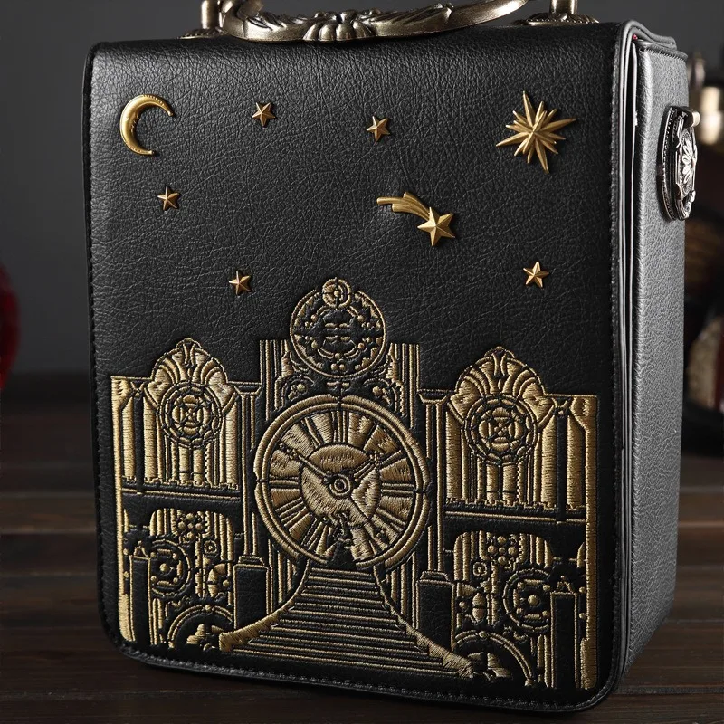 The New Creative Women's Bag Is a Retro Hand-Held Crossbody Bag with a Real Clock and Small Square Bag Embroidery