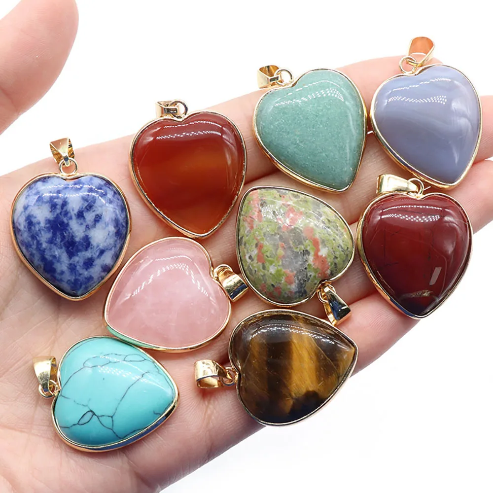 1PC Natural Heart Shape Crystal Golden Edge Agate Stone Pendant Rose Quartz  Tiger Eye Chakra Gemstones Healing Crystals Charms