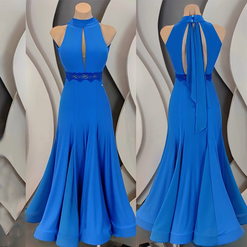 Women Latin Competition Dance Dress Sleeveless Blue Cutout Modern Dance Dress Evening Dresses Stage Practice Clothes SL7062