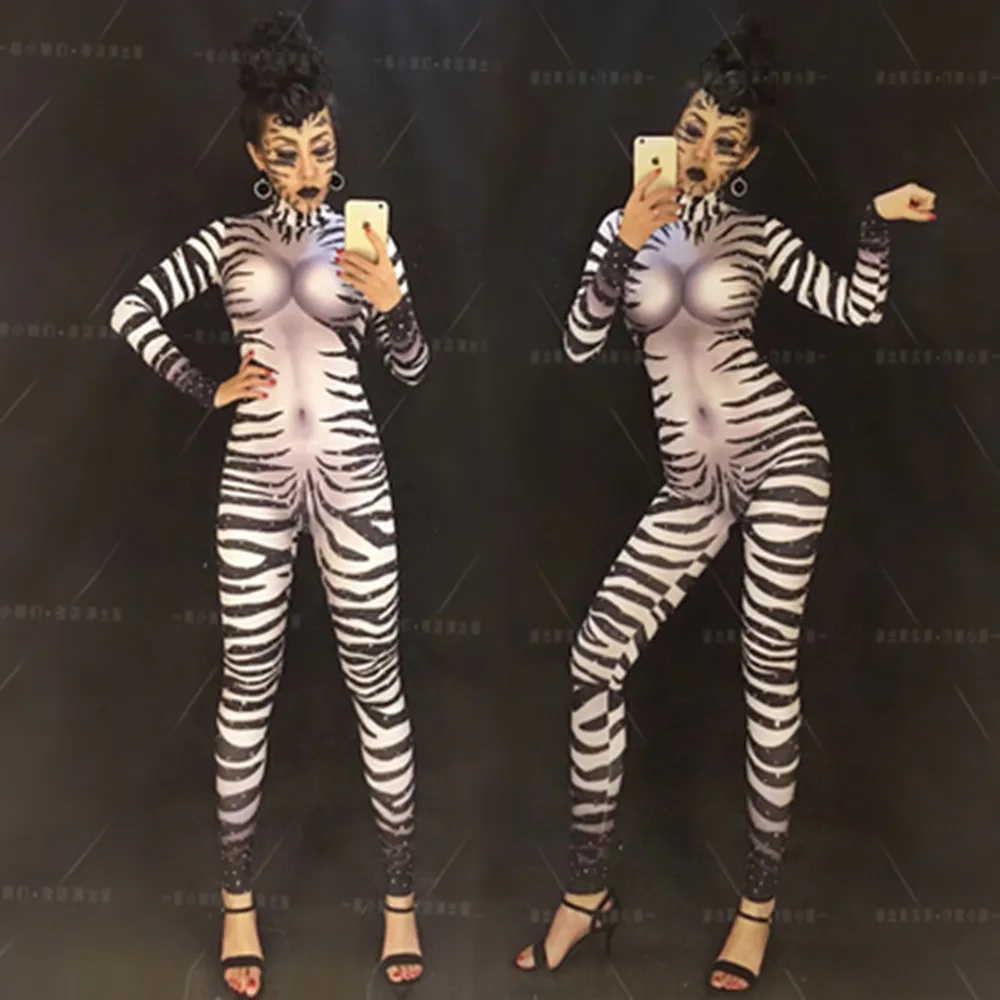 

Nightclub Bar Crazy Horse Party Sexy Slimming Black and White Zebra Hot Diamond jumpsuit DJ Women's Song Gogo Performance Dress