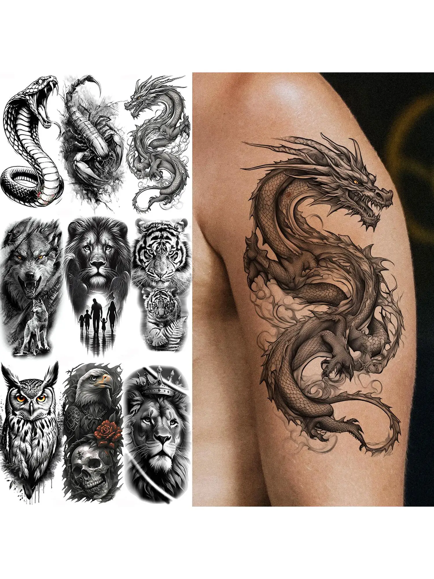 1 feuille Cobra serpent Dragon Scorpion tatouages temporaires pour hommes femmes imperméable longue durée Lion tigre loup faux tatouage autocollants