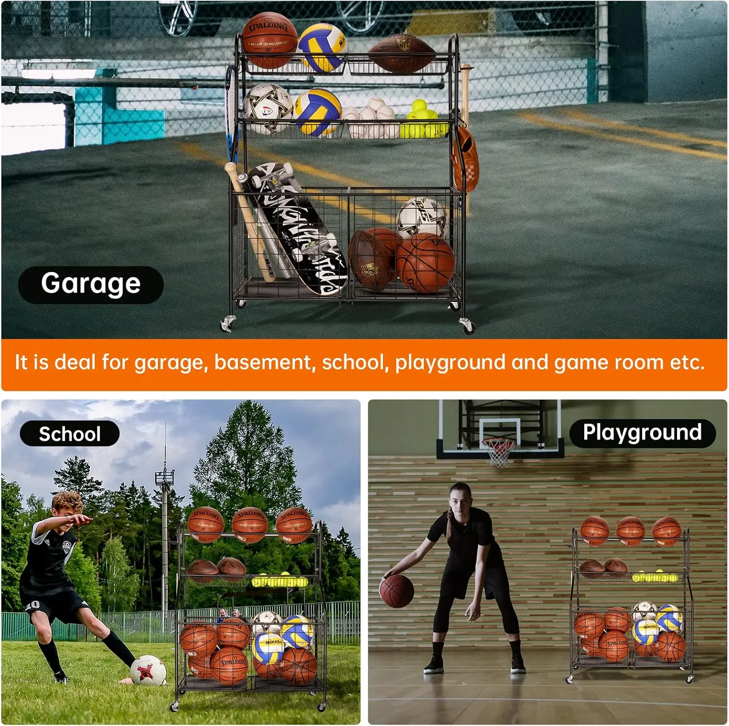 Sports Equipment Organizer for Garage, Sports Storage for Garage,Garage Toy Storage,Rolling Basketball Rack,Storage for Nerf Gun