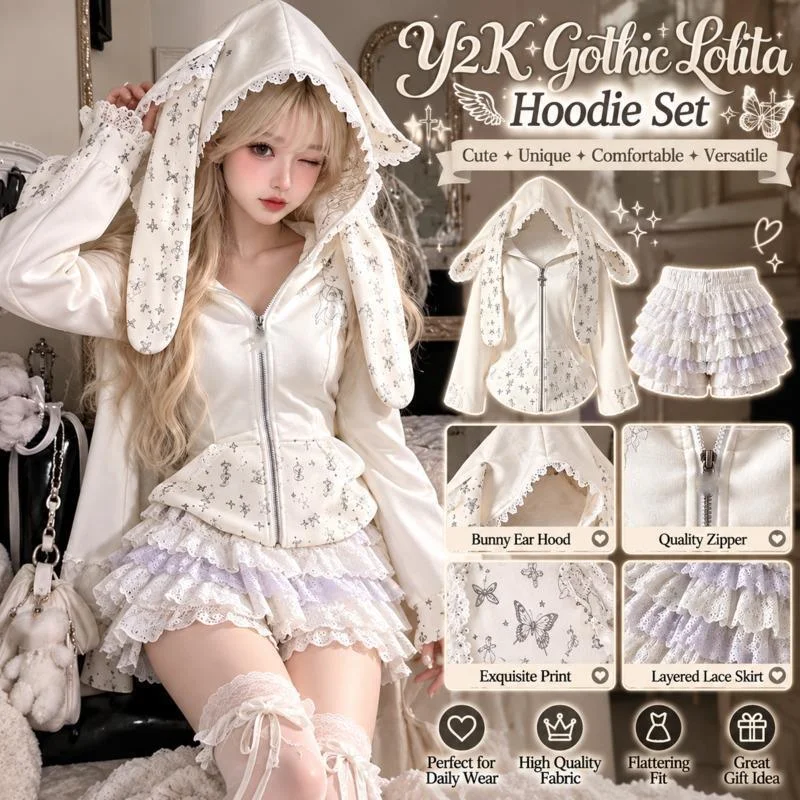 Bunny Y2K Hoodie Aesthetic Cute Rabbit Ear Lace Jacket Splicing Zip Up Jacket Girl Sweet Thin Cardigan Long Sleeve Autumn Top