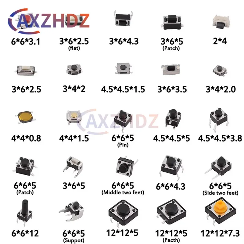 125pcs 25 Types/lot SMD DIP Assorted micro switch push button Tact touch Switches Reset Mini Leaf Switch 2*4 3*6 4*4 6*6 diy kit