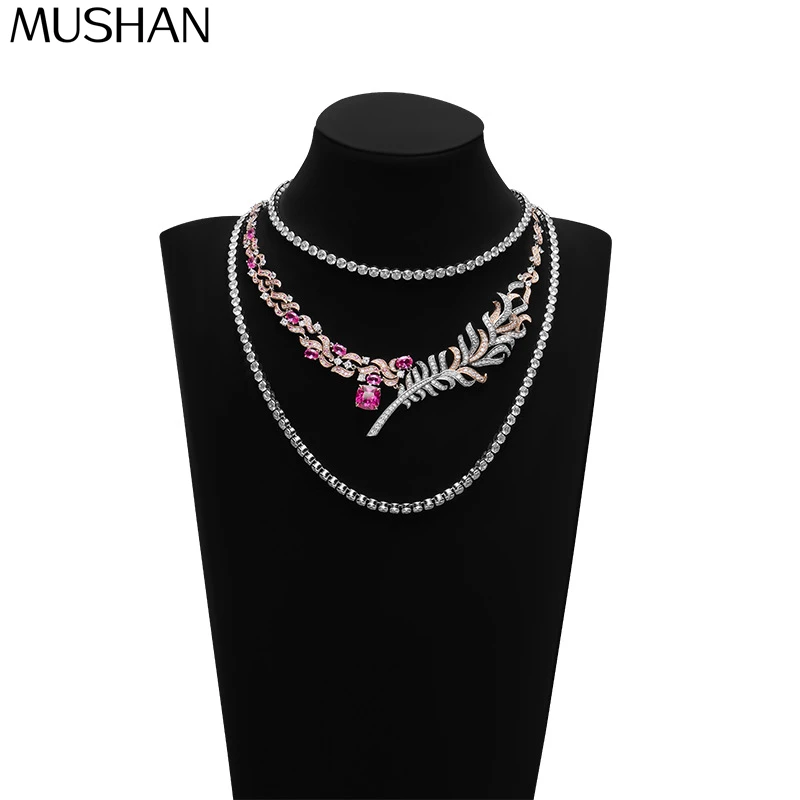 

MS Luxury Jewelry 925 Sterling Silver Chain Pendants Necklaces Red Gemstones Ruby Party Feather Pendant Necklace For Women