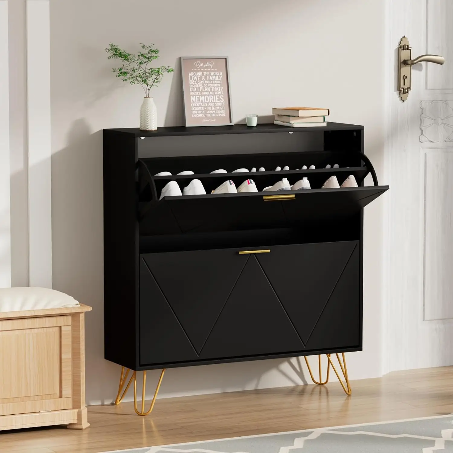 خزانة أحذية سوداء رفيعة مع درجين، منظم مدخل ضيق بمقبض معدني وأرجل #1