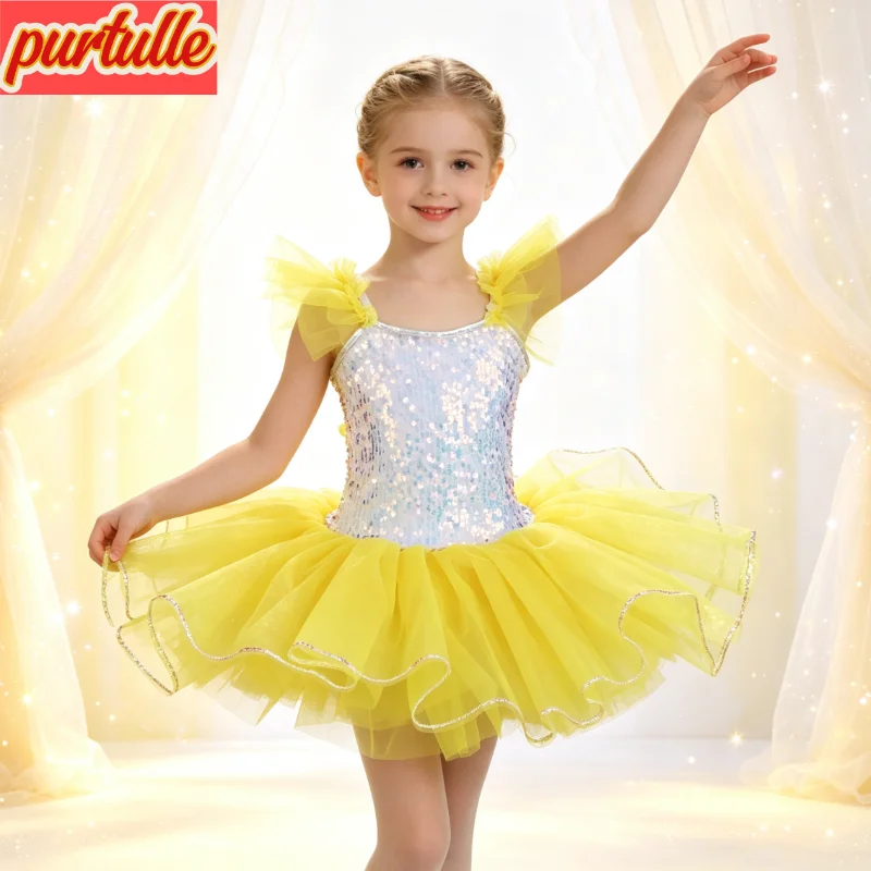Sparkle Flip Sequin Ballerina Tutu Outfit Square Neck Bodice Bright Yellow Tulle Skirt Wave Hem Trim for Recital & Photography