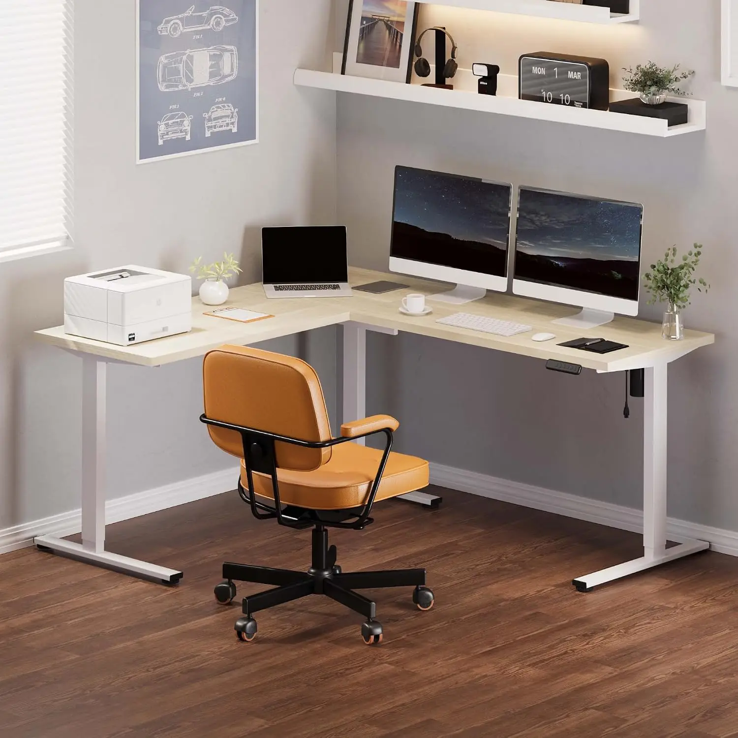 71 x 63 Reversible L-Shaped Electric Standing Desk, Maple | Height Adjustable, Large Workspace, Anti-Collision, Memory Presets,