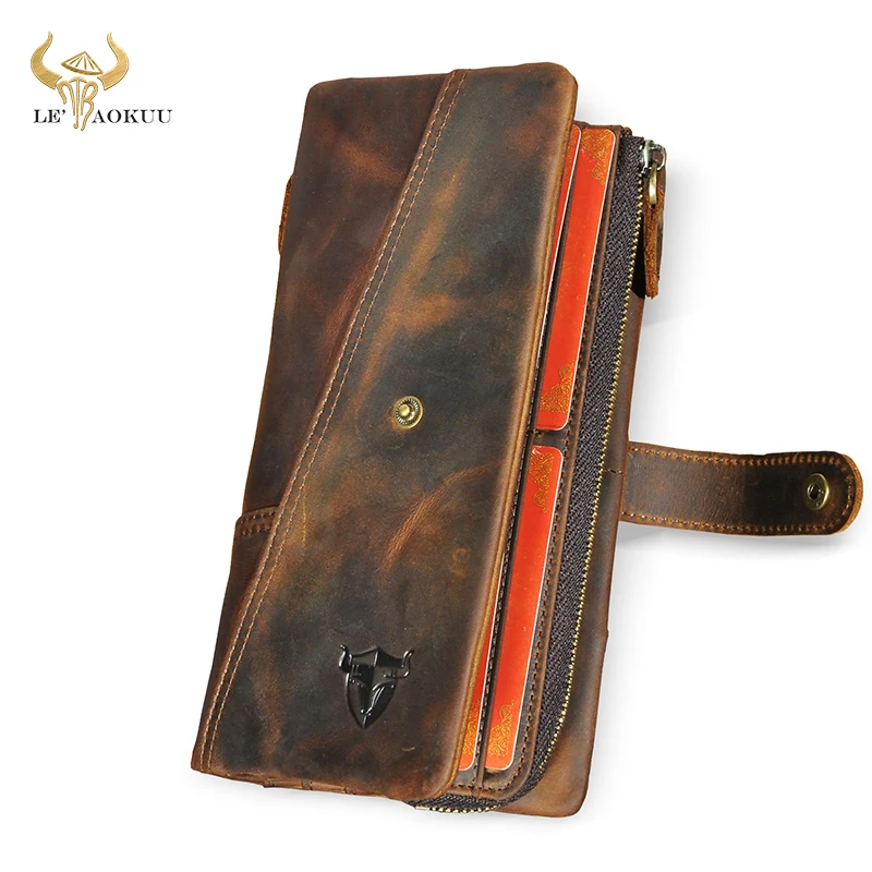 Hot Sale Crazy Horse Leather Travel Business Organizer Chain RFID Wallet For Men Long Zipper Male Purse Card Holder 1803