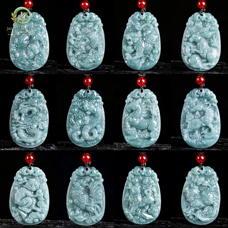 Natural A-grade jade pendant zodiac blue water seed Rat Cow Tiger Rabbit Dragon Snake Horse Sheep Monkey Chicken Dog Pig