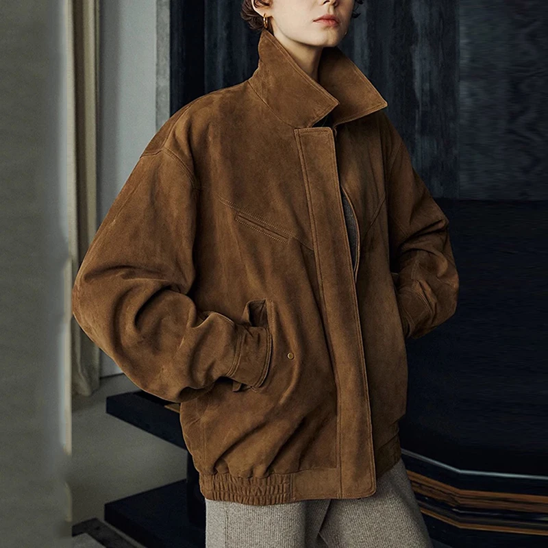 Giacche in pelle scamosciata per bambini in pelle di capra di alto lusso per donna 2025 Nuova giacca in pelle scamosciata con silhouette allentata retrò Cappotto in vera pelle femminile