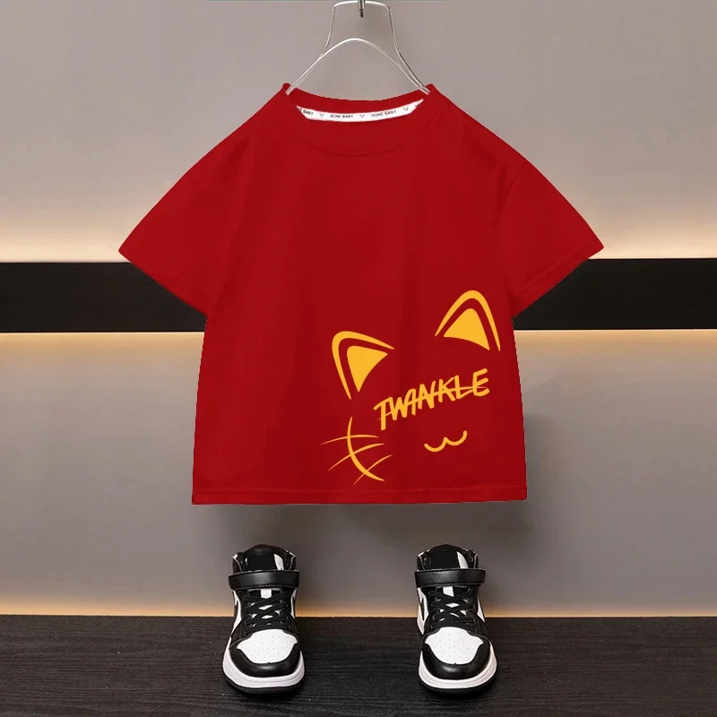 100% Cotton Children\'s T-shirt Boys Round Neck Black Tees Japan Cartoon Cute Cat Girl\'s Top High Quality Printed Clothing 2024