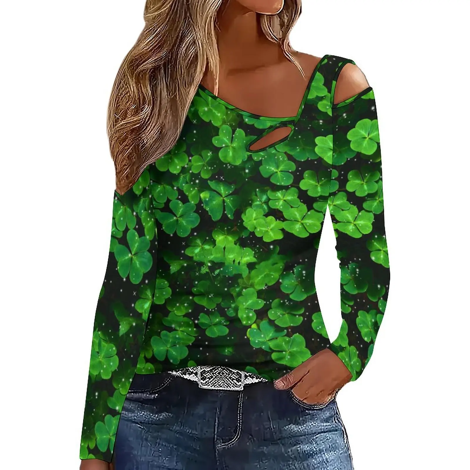 Fashion Directional Slanted Shoulder Long-Sleeved Off-Shoulder Printed T-Shirt  Women's  Elegant Clothes