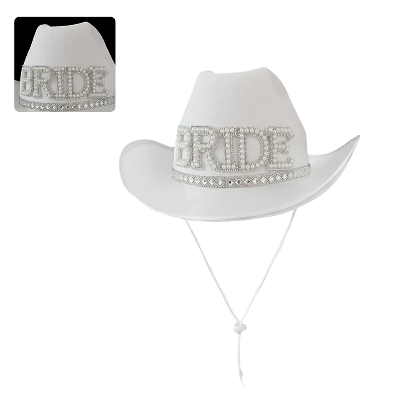 Rhinestone Women Bride Letter Cowgirl Hat Wide Brim Bridal Western Shinning White Fedora Hat for Photoshoot Supplies