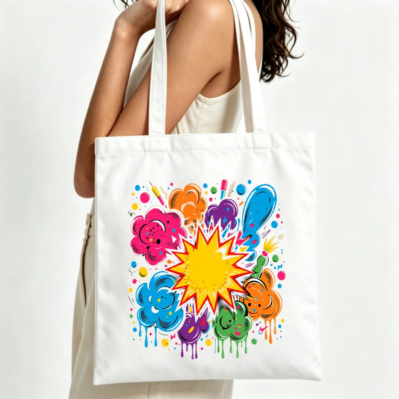 colorful abstract graphic canvas tote bag with artistic print, ideal for casual daily use and summer outings