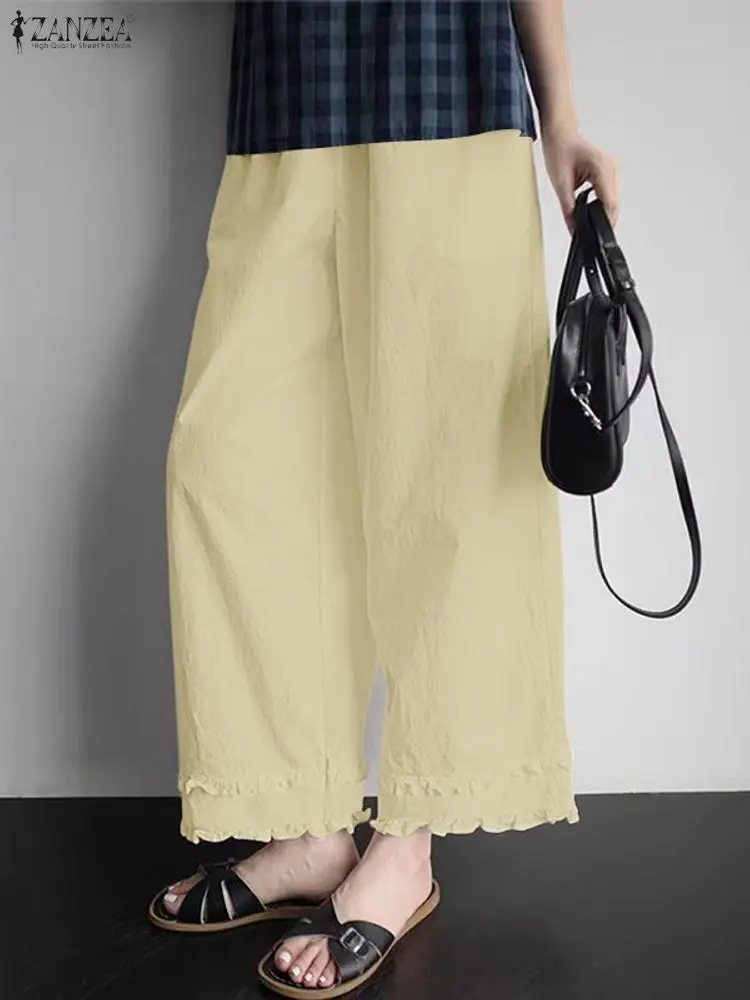 ZANZEA moda pantalones de cintura elástica pantalones largos de mujer 2025 otoño con volantes Casual sólido pantalones de pierna ancha ropa de calle pantalones de trabajo