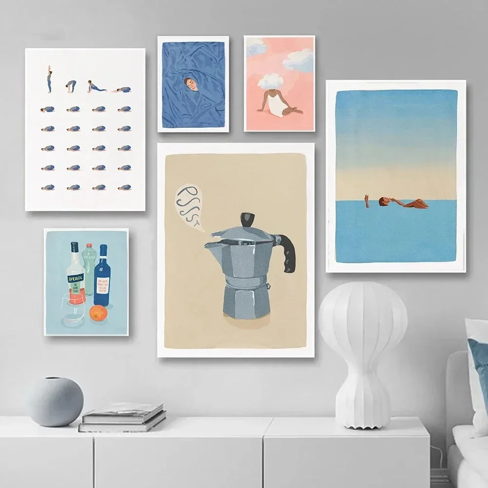 1PC Frameless  Moka Pot Kitchen Poster Yoga Minimal Watercolor Blue Minimalist Wall Art Print Canvas Painting Posters for Modern