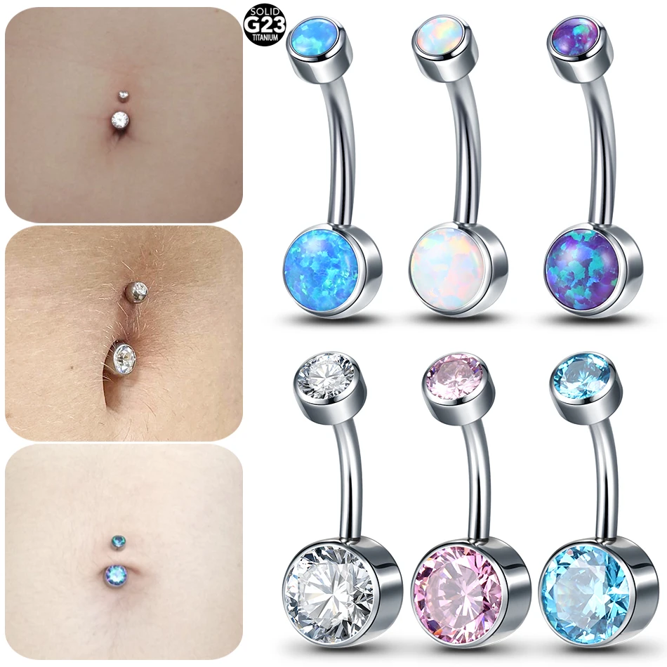 1PC Titanium Double Opal Ball Belly Button Piercings 14G CZ Bezel Navel Piercing Internal Thread Belly Rings Sexy Women Jewelry