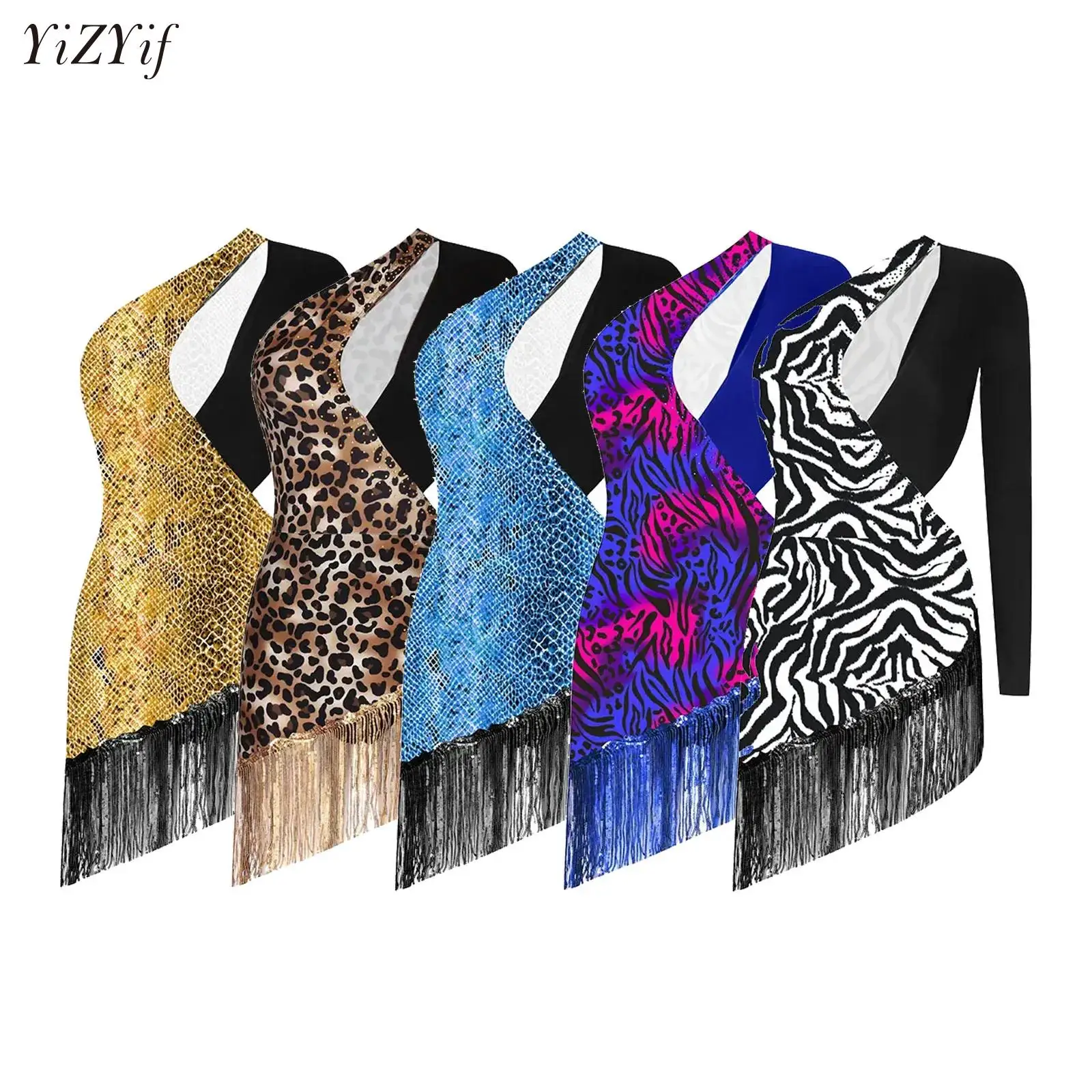 

Adults Women Print Latin Dance Dress Rhinestones Single Long Sleeve Sequins Tassel Dress Latin Jazz Dance Competition Costume