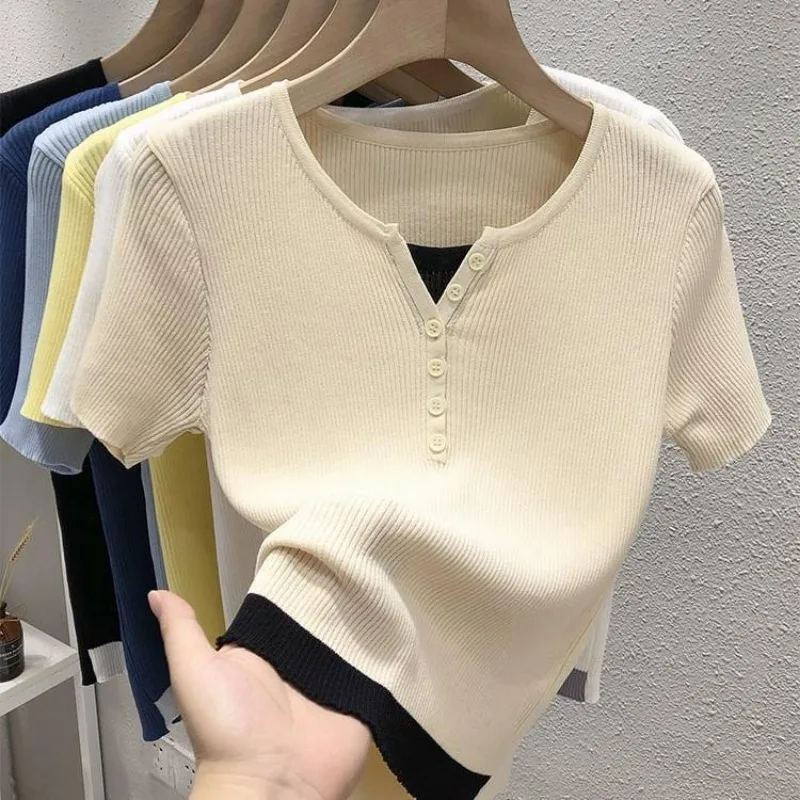 V-neck Short Sleeve T-shirt Women\'s Summer Dress Thin Ice Silk Knit Sweater 2024 New Fake Two Yellow Top