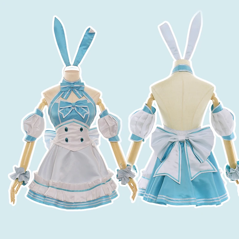 New！Fate fgo rabbit ear Cos Altria Caster Cosplay Costume Blue and White Lovely Maid Uniform dress H