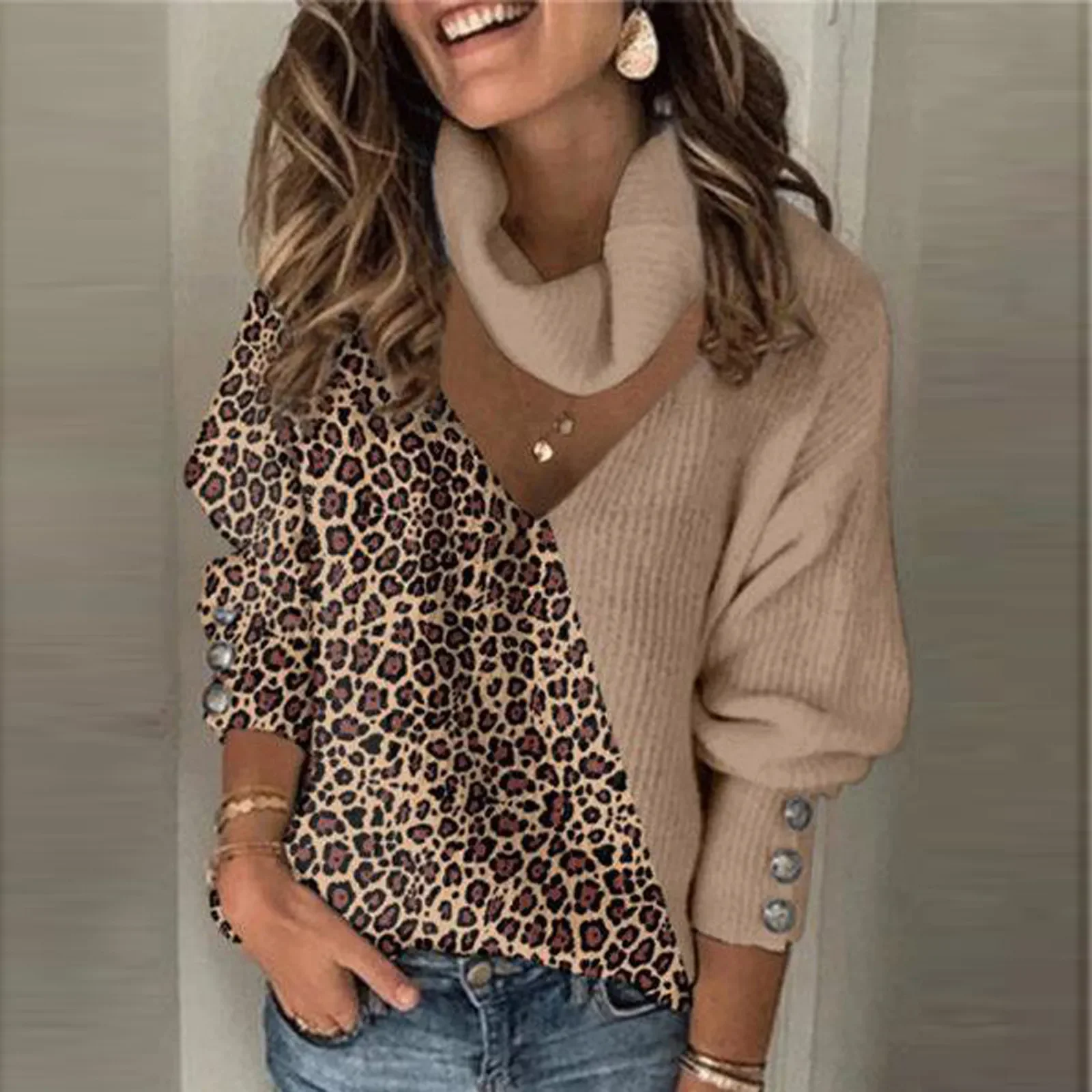 Leopard Print Patchwork Knitted Sweater Autumn Winter V-neck Vintage Clothes Women Long Sleeve Y2k Tops Casual Harajuku Pullover