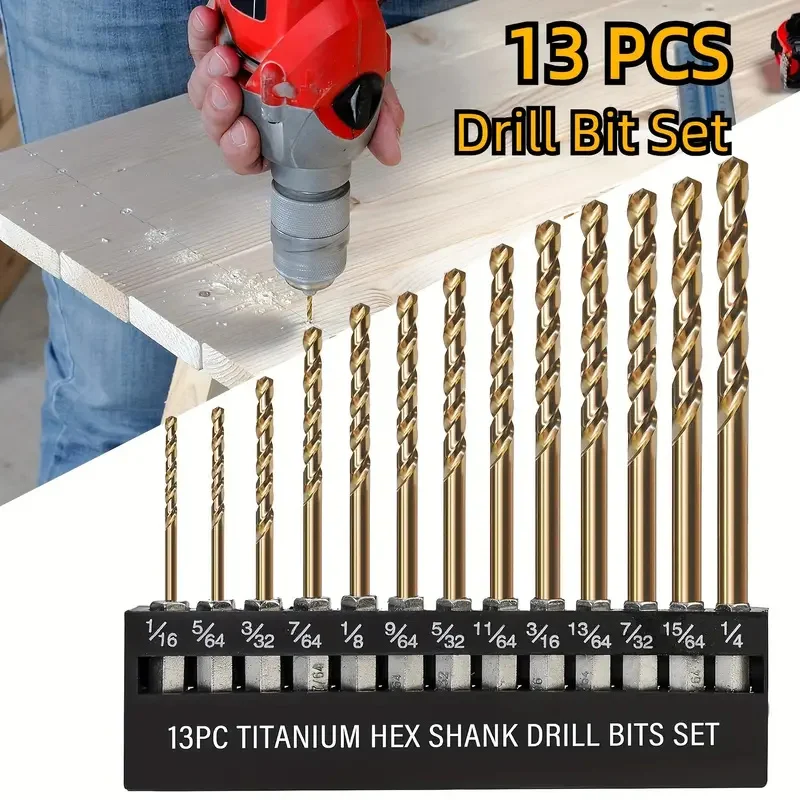 

13pcs/Set Titanium Coated HSS Drill Bit Set 1/4" Hexagonal Handle For Wood Metal And Plastic Twists Drill Air Screwdriver Set