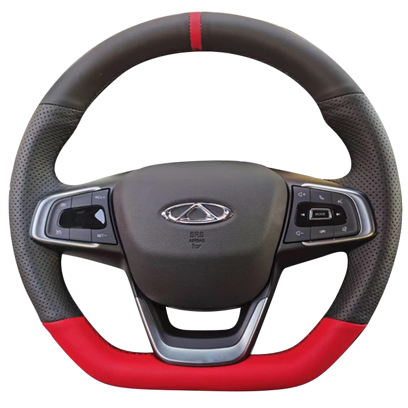 For Chery Tiggo 3 4 5 7 Pro 8 2022-2023 Hand-stitched non-slip black red genuine leather Sports style car steering wheel cover