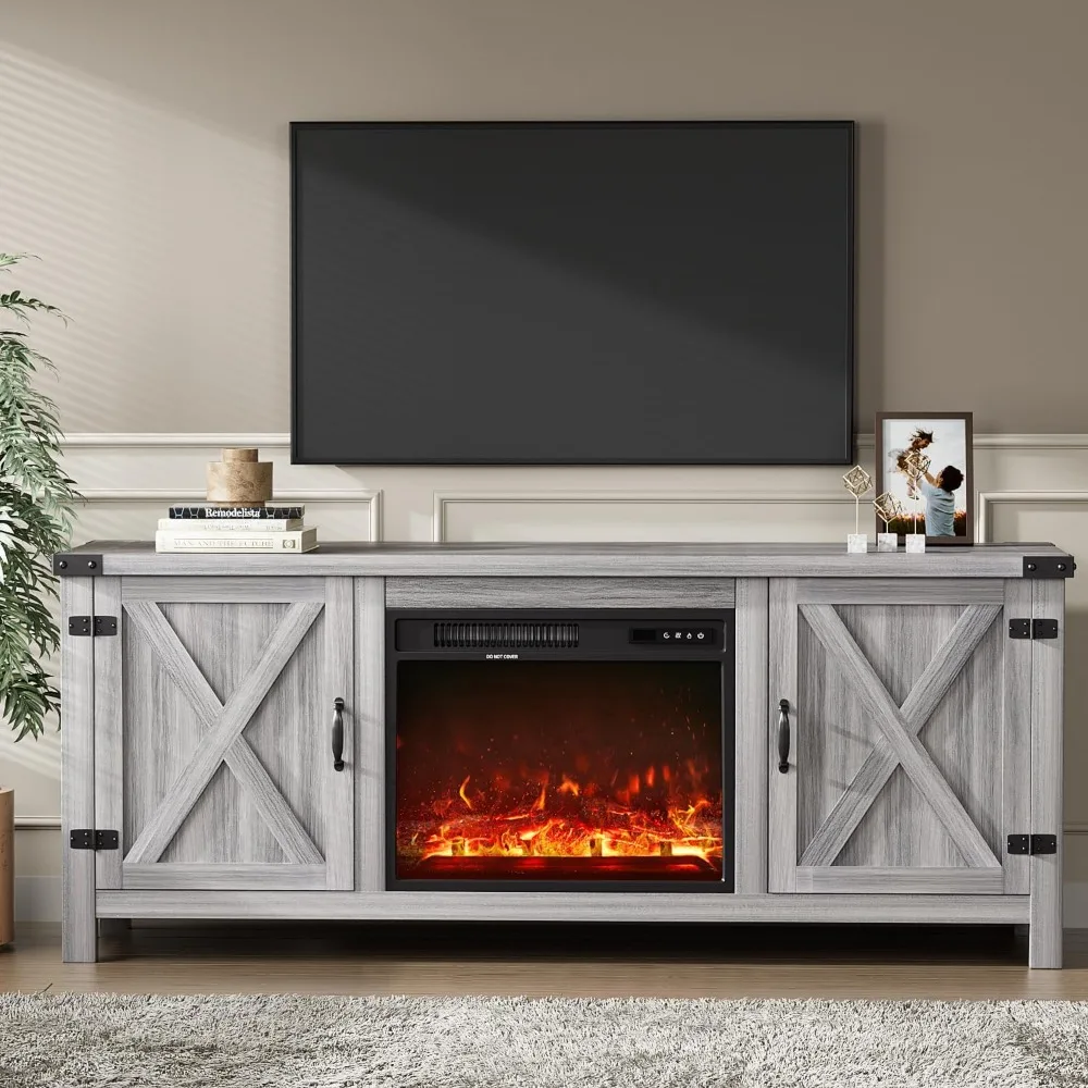 Fireplace TV stand with two barn doors and storage, entertainment center console, living room multimedia furniture