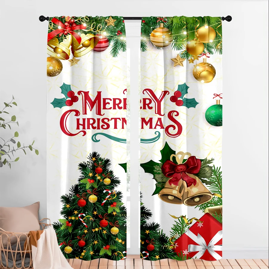2PCS Christmas Winter Curtains, Bell Christmas Tree, Digital Print, Bedroom Living Room, Rod Pocket, Polyester, Home Decor