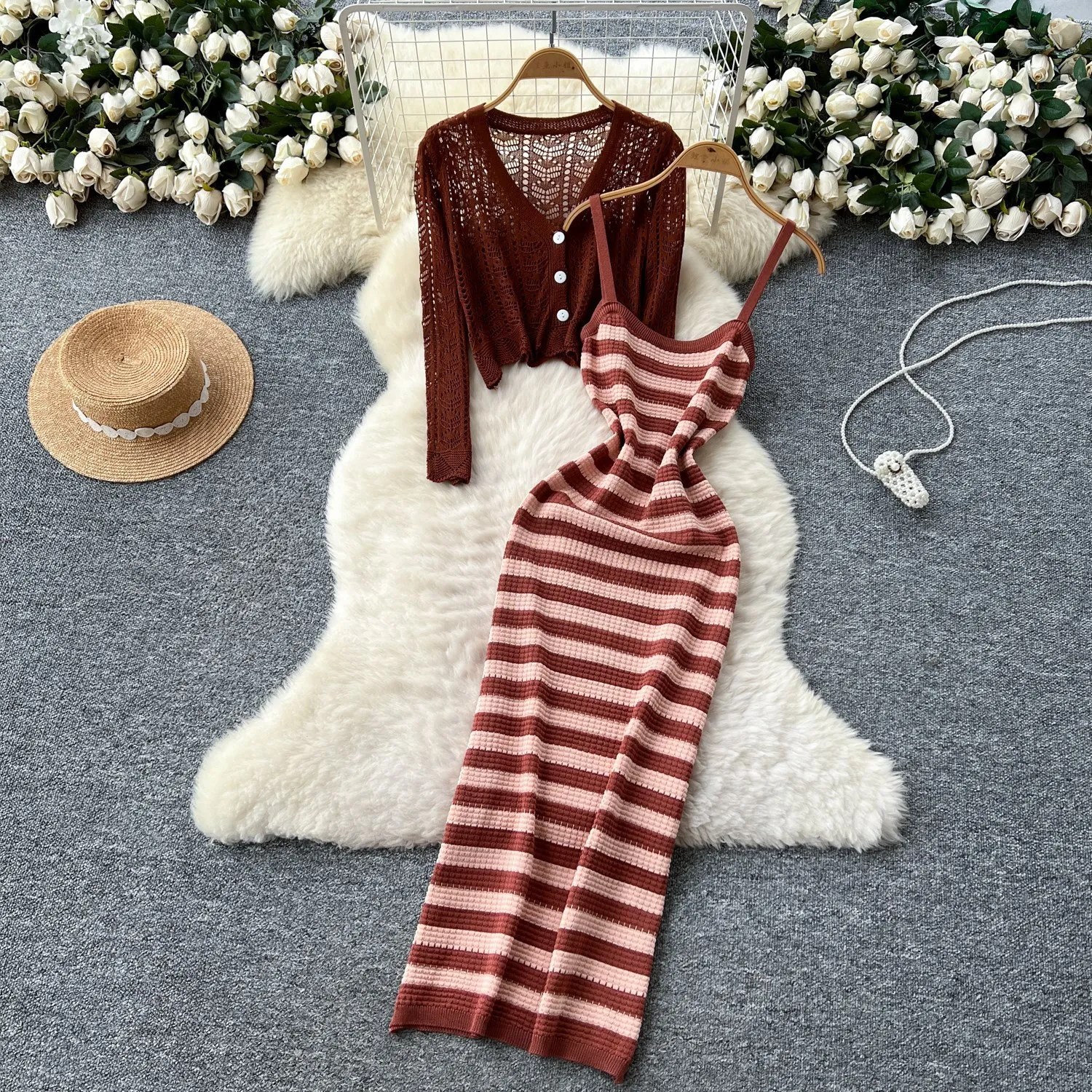 Gentle Style Women's Fashion Hollow Crochet Long-sleeve Knit Cardigan. With A Fixed Waist And Strip Clothes Robe Prom Beach
