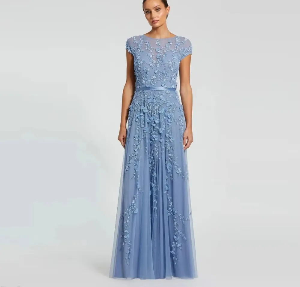 Elegant Blue Mother of The Bride Dress 2027 O-Neck Short Sleeve Lace Applique Pleat A Line Tulle Wedding Guest Party Gowns