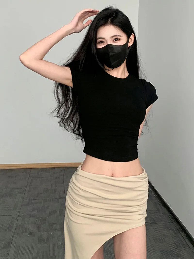 تي شيرت نسائي بأكمام قصيرة ملولبة ورقبة مستديرة ، نمط نحيف ، بلوزة رغبة نقية ، الربيع والصيف ، نسخة كورية جديدة ، D350