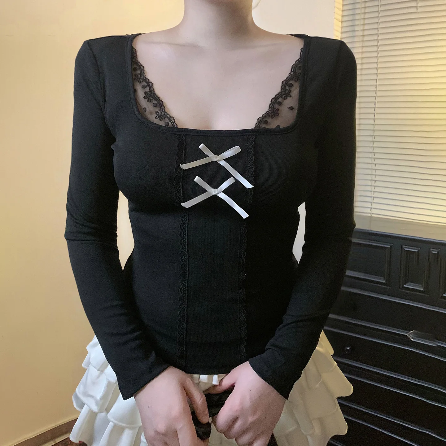European And American Cross-border Lace Butterfly Knot Edge Long Sleeve Sexy Pure Desire Slim Fit Underwear Base Shirt Top