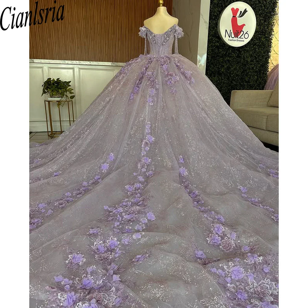

Lilac Quinceanera Dress Ball Gown Glitter Floral Lace Applique Beading Bow Sweet 16 Vestidos De 15 Anos