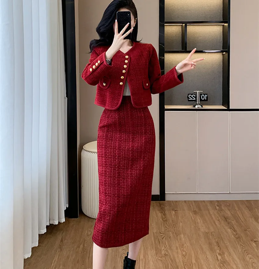 New Year Red Tweed Party Two Piece Set Elegant Women Gold Single Breasted Short Jacket Coat + Long Wool Bodycon Midi Skirt Suits